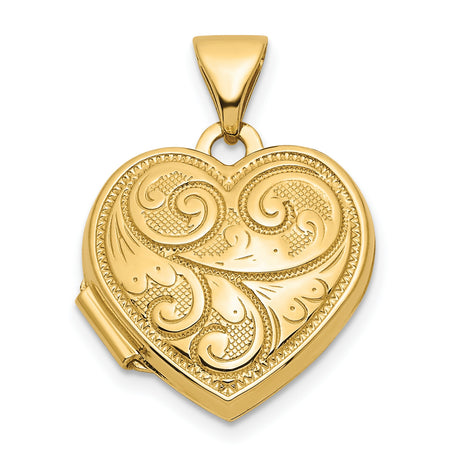 14k Yellow Gold Heart Locket Pendant with Floral Scrollwork, Vintage Inspired Keepsake Jewelry