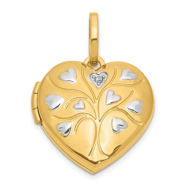 14k Multi-Tone Gold Heart Locket Pendant with Diamond Accent, Tree of Life Design for Women