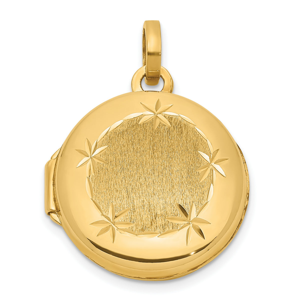 14k Yellow Gold Round Locket Pendant with Starburst Engraving, Brushed and Polished Finish