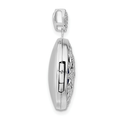 14k White Gold Locket Pendant with Diamond, Blue Enamel Floral Filigree Mandala Design