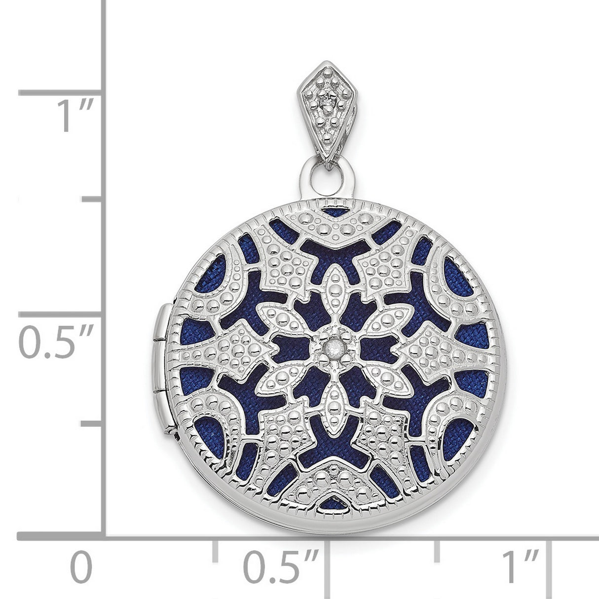 14k White Gold Locket Pendant with Diamond, Blue Enamel Floral Filigree Mandala Design