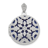 14k White Gold Locket Pendant with Diamond, Blue Enamel Floral Filigree Mandala Design