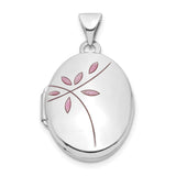 14k White Gold Oval Locket Pendant with Pink Enamel Floral Design for Women