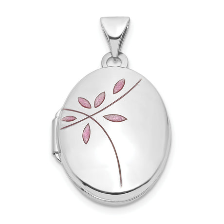 14k White Gold Oval Locket Pendant with Pink Enamel Floral Design for Women