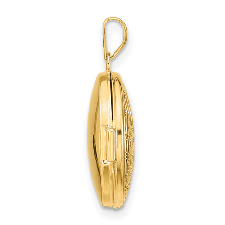 14k Yellow Gold Oval Locket Pendant with Floral Scroll Pattern, Antique Style Keepsake Jewelry
