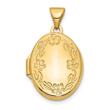 Floral 17mm Oval Locket Charm Pendant in Real 14k Yellow Gold