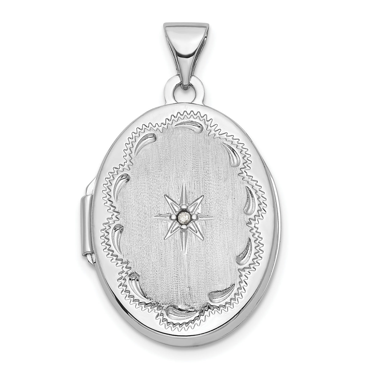 14k White Gold Locket Pendant with Diamond, Oval Starburst Design for Women
