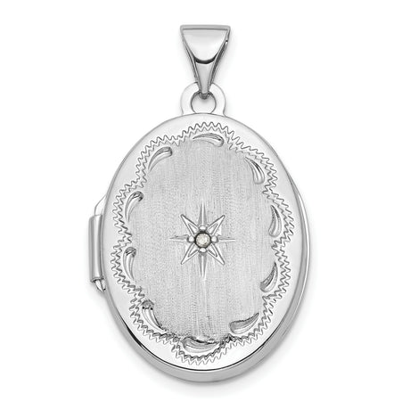 14k White Gold Locket Pendant with Diamond, Oval Starburst Design for Women
