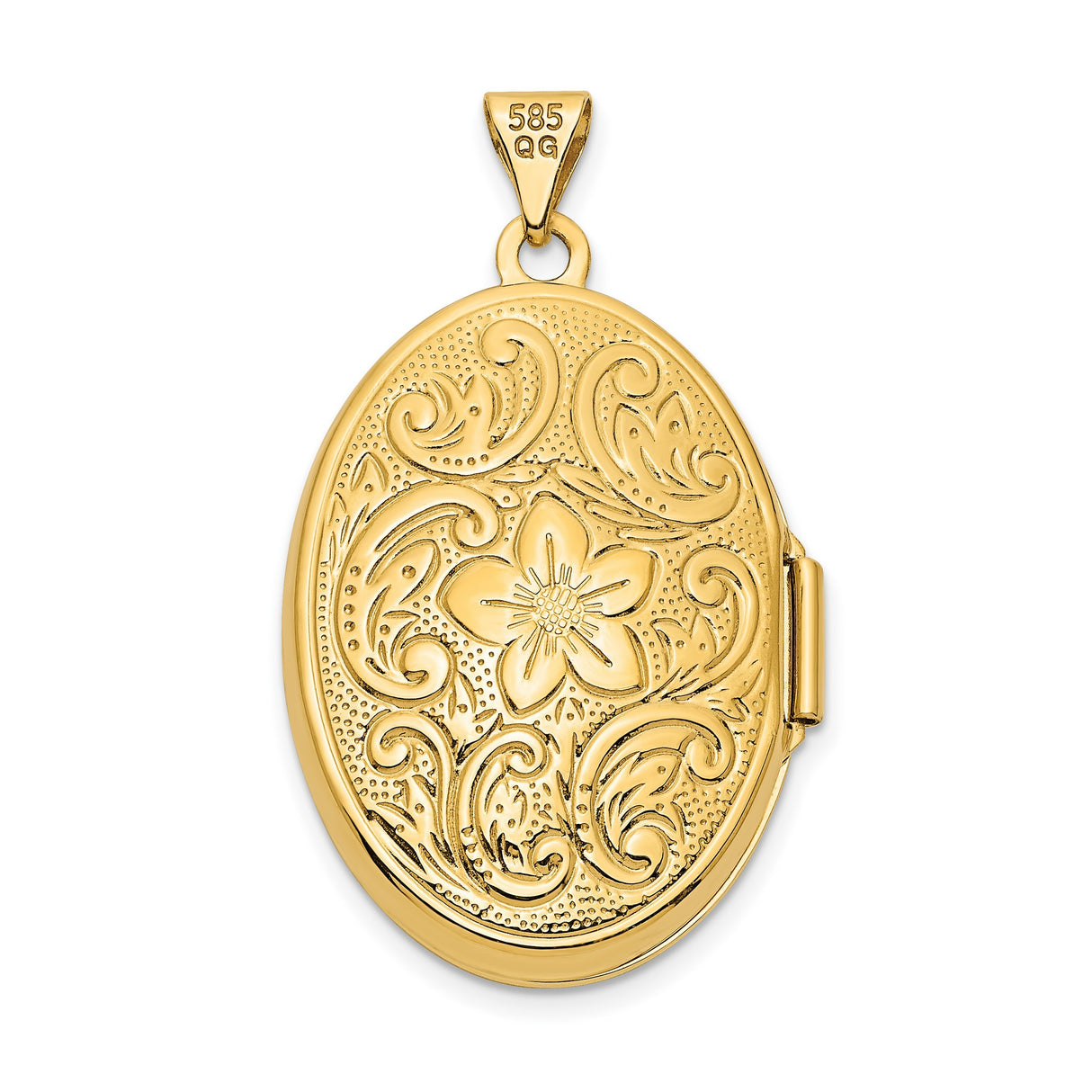 14k Yellow Gold Oval Locket Pendant with Floral Swirl Filigree Design for Women