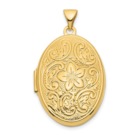 14k Yellow Gold Oval Locket Pendant with Floral Swirl Filigree Design for Women