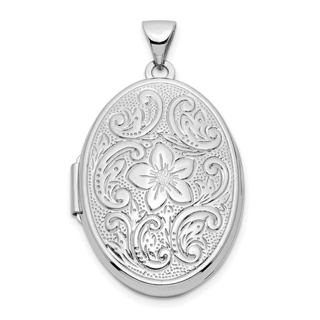 14k White Gold Oval Locket Pendant with Floral Swirl Design, Vintage Style for Women