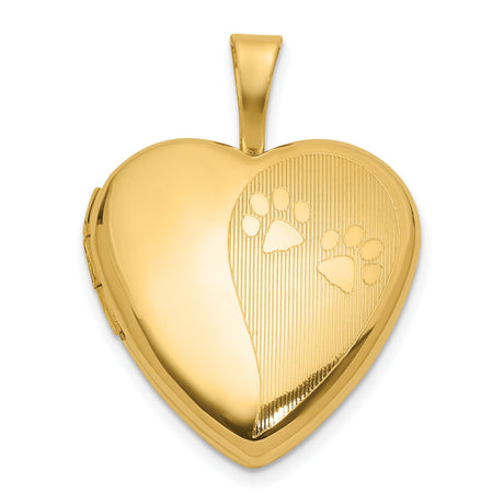 14k Yellow Gold Heart Locket Pendant with Paw Prints, Pet Memorial Jewelry for Women