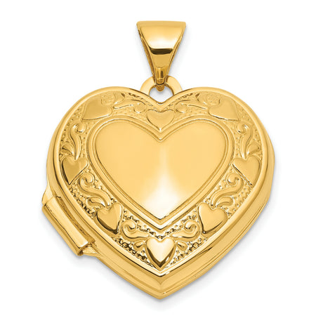 14k Yellow Gold Heart Locket Pendant with Scrollwork and Heart Motifs for Women