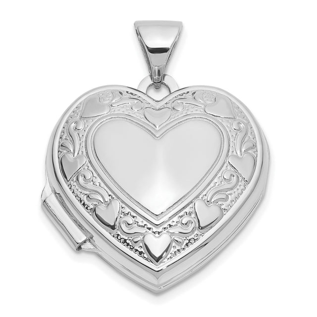 14k White Gold Heart Locket Pendant with Scrollwork and Multi Heart Design for Women