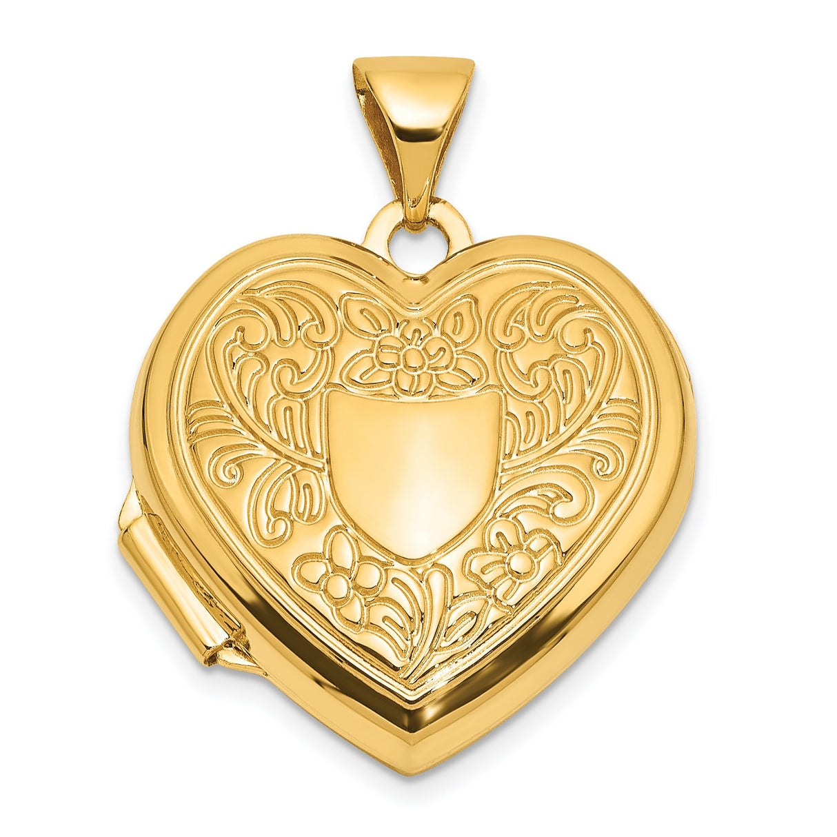 Polished Fancy Floral Border and Crest 18mm Heart Locket Charm Pendant in Real 14k Yellow Gold