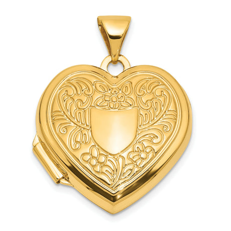 Polished Fancy Floral Border and Crest 18mm Heart Locket Charm Pendant in Real 14k Yellow Gold