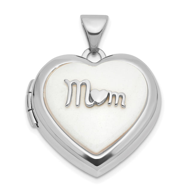14k White Gold Heart-Shaped Mom Locket Pendant with Agate, Sentimental Keepsake Jewelry