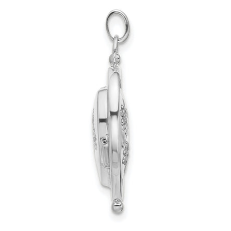 14k White Gold Heart Locket Pendant with Floral Engraving and Mum Inscription