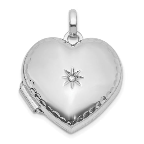 14k White Gold Heart Locket Pendant with Diamond, Starburst Design, Romantic Keepsake Jewelry