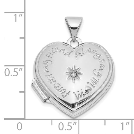 14k White Gold Heart Locket Pendant with Diamond, Starburst Design, Always My Mom Engraving