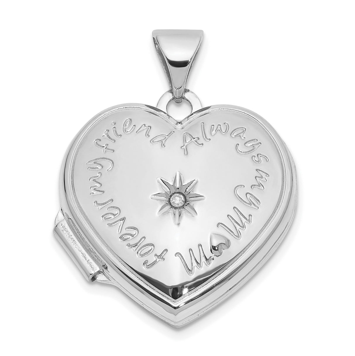 14k White Gold Heart Locket Pendant with Diamond, Starburst Design, Always My Mom Engraving