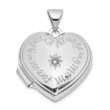 14k White Gold Heart Locket Pendant with Diamond, Starburst Design, Always My Mom Engraving