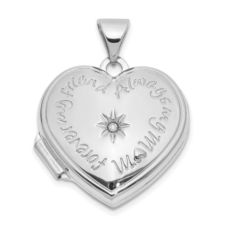 14k White Gold Heart Locket Pendant with Diamond, Starburst Design, Always My Mom Engraving