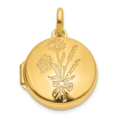 Polished Floral 16mm GRANDDAUGHTER Reversible Round Locket Charm Pendant in Real 14k Yellow Gold