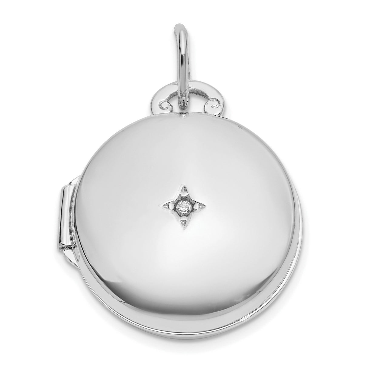 14k White Gold Locket Pendant with Diamond Star Design, Openable Photo Keepsake for Women
