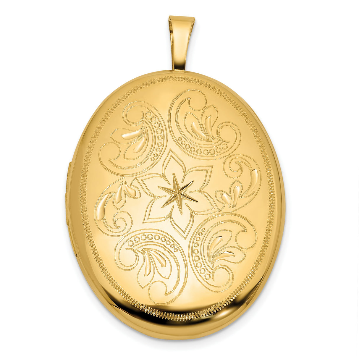 14k Yellow Gold Oval Locket Pendant with Floral Starburst Engraving and Paisley Accents