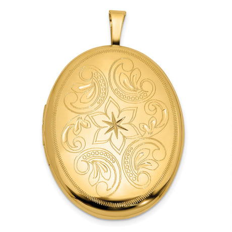 14k Yellow Gold Oval Locket Pendant with Floral Starburst Engraving and Paisley Accents
