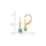 14k Yellow Gold Dangle Earrings with Swiss Blue Topaz, Bezel Set Leverback Design
