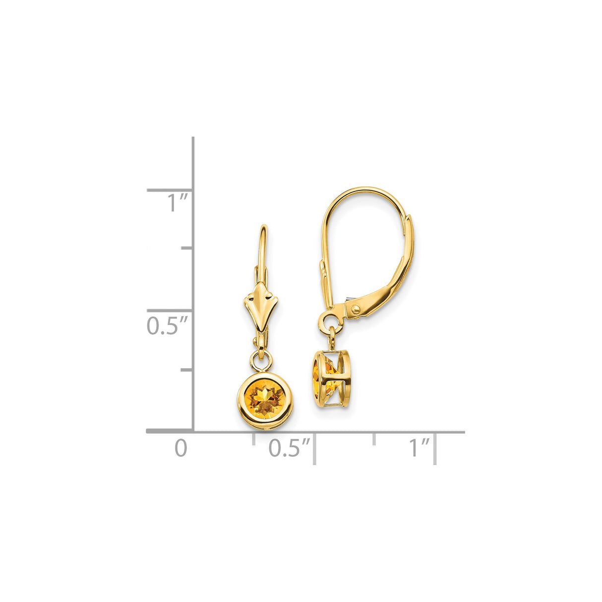14k Yellow Gold Dangle Leverback Earrings with Round Citrine in Bezel Setting