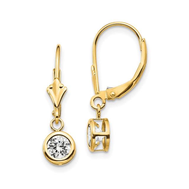 14k Yellow Gold Drop Earrings with Cubic Zirconia, Leverback Minimalist Dangle Style for Women