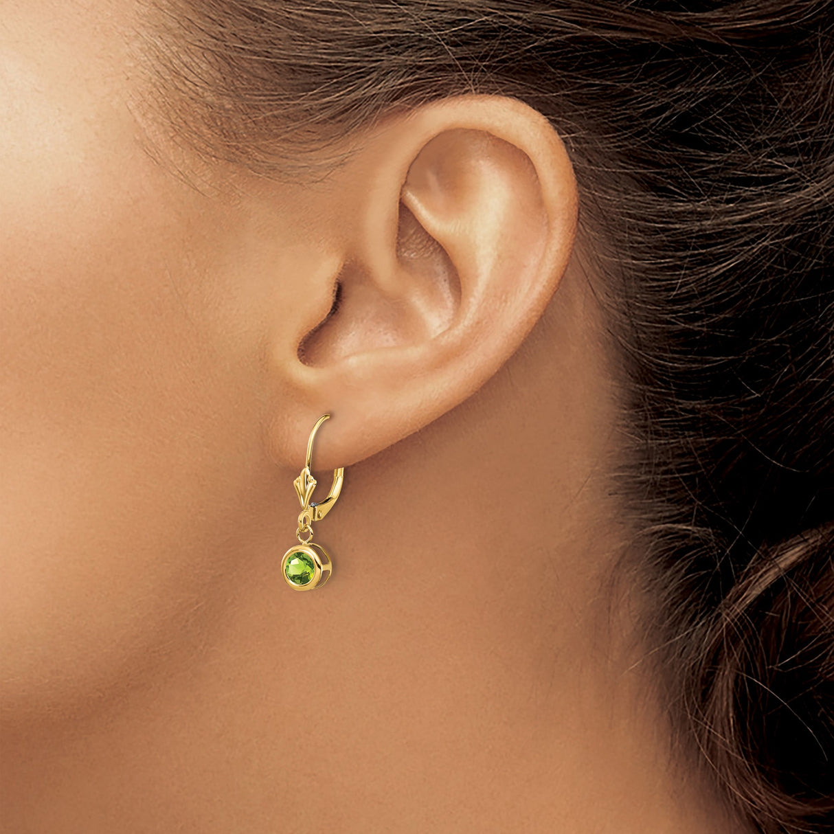 14k Yellow Gold Leverback Drop Earrings with Peridot in Bezel Setting, Dangle Design for Women