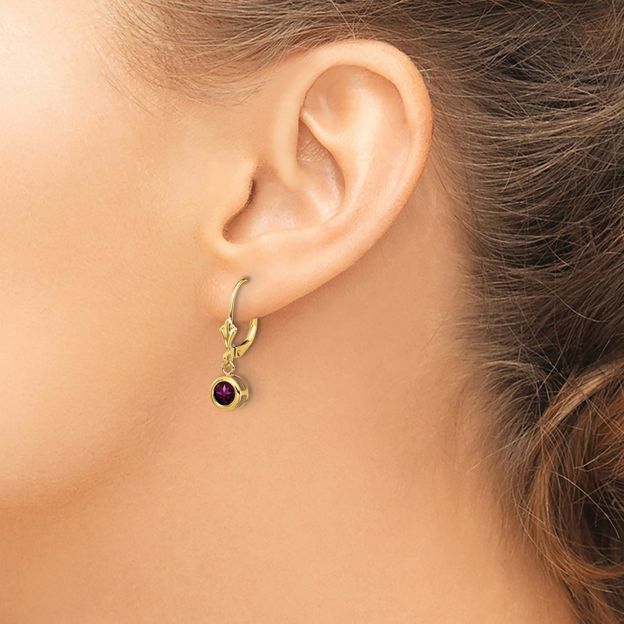 14k Yellow Gold Leverback Earrings with Rhodolite Garnet in Bezel Setting, Sleek Open Design