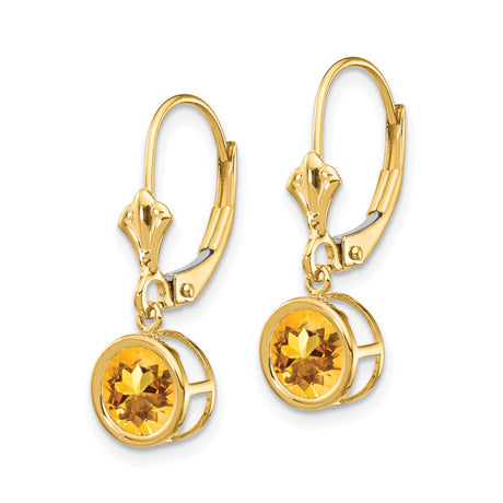 14k Yellow Gold Dangle Earrings with Round Citrine in Bezel Setting, Lightweight Leverback Design