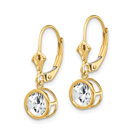 14k Yellow Gold Leverback Drop Earrings with Round Cubic Zirconia in Bezel Setting