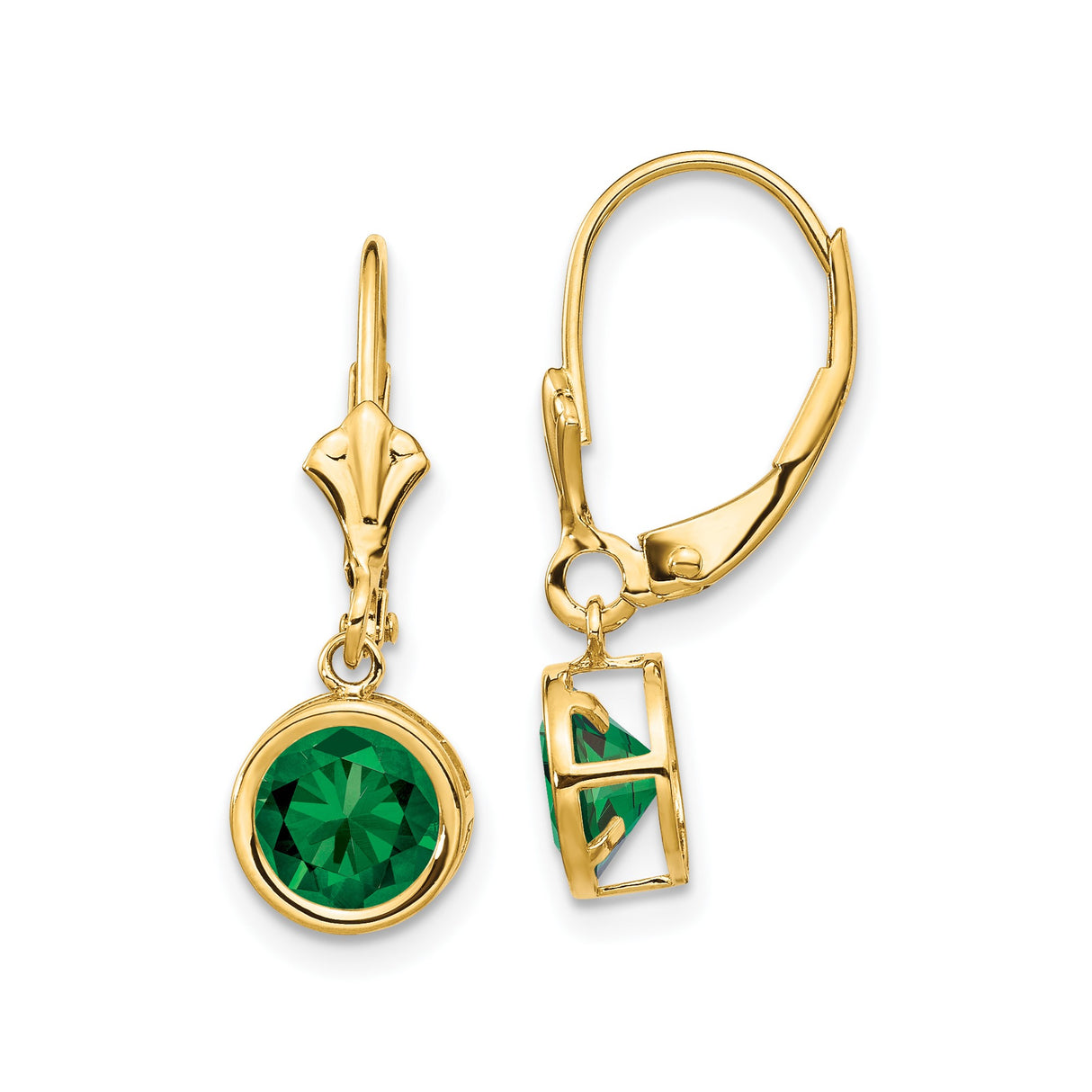 14k Yellow Gold Drop Earrings with Round Green Helenite in Bezel Setting