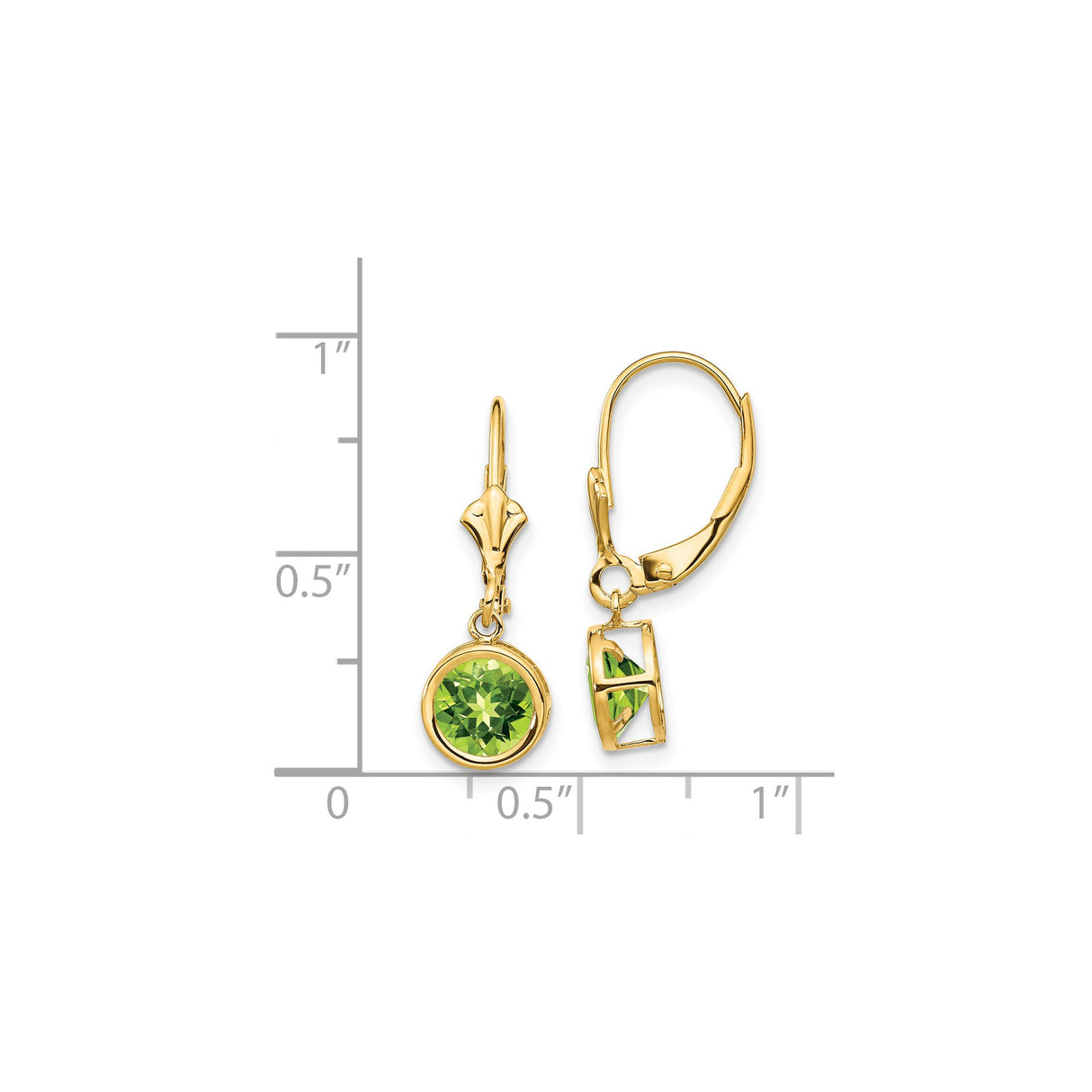 14k Yellow Gold Drop Earrings with Peridot Bezel Setting, Leverback Dangles for Women