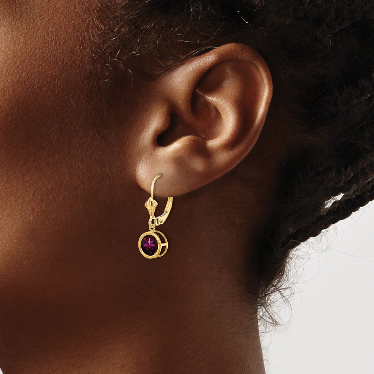 14k Yellow Gold Leverback Earrings with Rhodolite Garnet in Bezel Setting