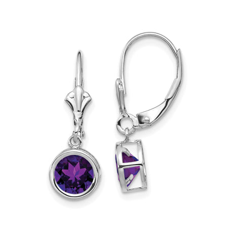 14k White Gold Drop Earrings with Amethyst in Bezel Setting, Leverback Dangle Style