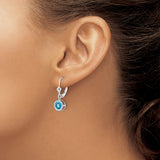 14k White Gold Dangle Earrings with Swiss Blue Topaz, Round Bezel Setting, Leverback Style