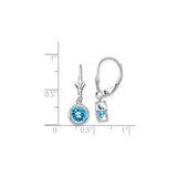 14k White Gold Dangle Earrings with Swiss Blue Topaz, Round Bezel Setting, Leverback Style
