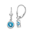 14k White Gold Dangle Earrings with Swiss Blue Topaz, Round Bezel Setting, Leverback Style