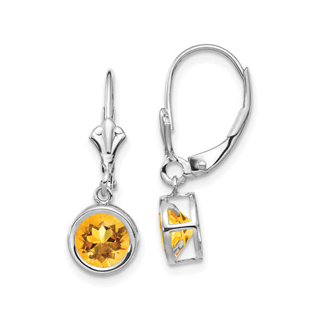 14k White Gold Leverback Earrings with Round Citrine Bezel Setting, Modern Drop Style