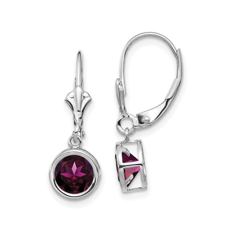14k White Gold Dangle Earrings with Rhodolite Garnet, Bezel Setting, Geometric Cutout Design