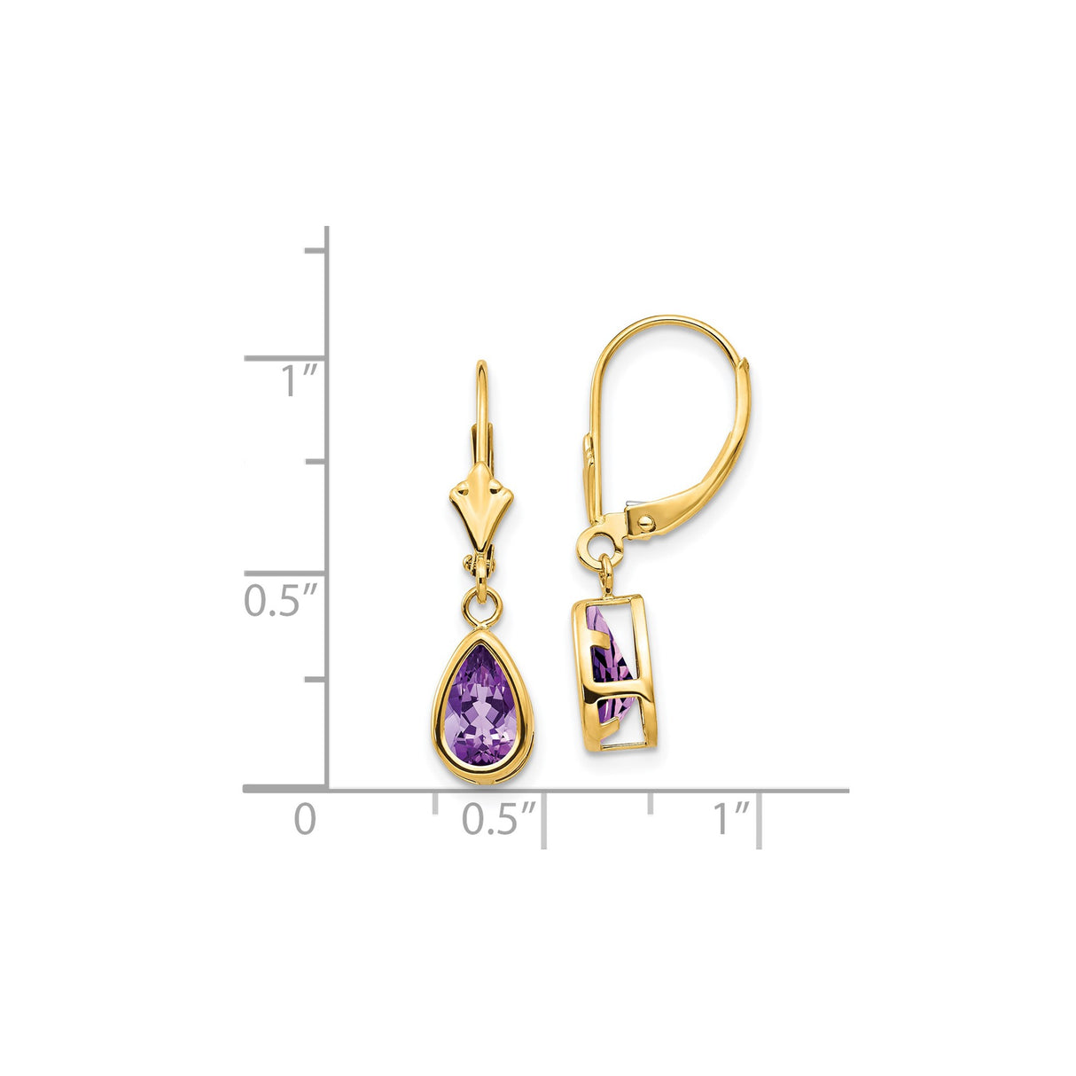 14k Yellow Gold Dangle Earrings with Pear Shaped Amethyst Bezel Setting and Leverback Design