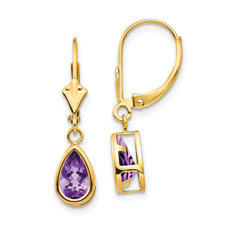 14k Yellow Gold Dangle Earrings with Pear Shaped Amethyst Bezel Setting and Leverback Design