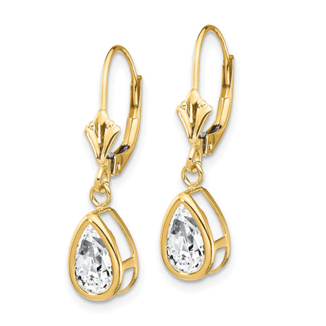 14k Yellow Gold Drop Earrings with Pear Shaped Cubic Zirconia, Leverback Teardrop Design for Women